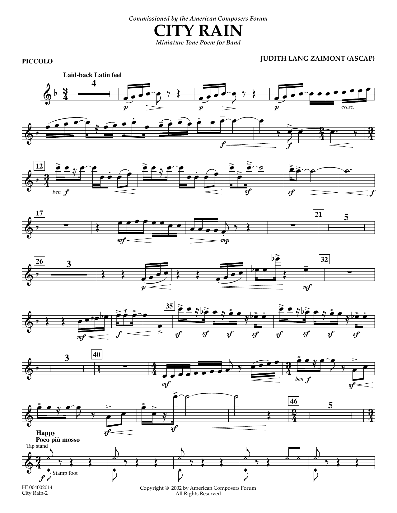 Judith Zaimont City Rain - Piccolo sheet music notes and chords arranged for Concert Band
