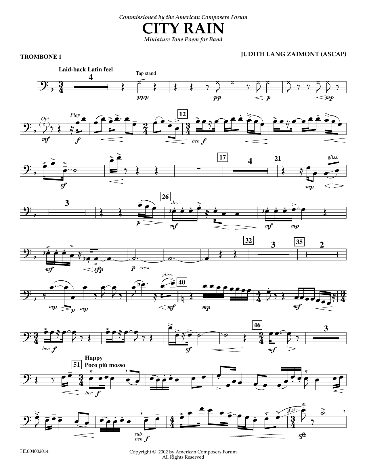 Judith Zaimont City Rain - Trombone 1 sheet music notes and chords arranged for Concert Band