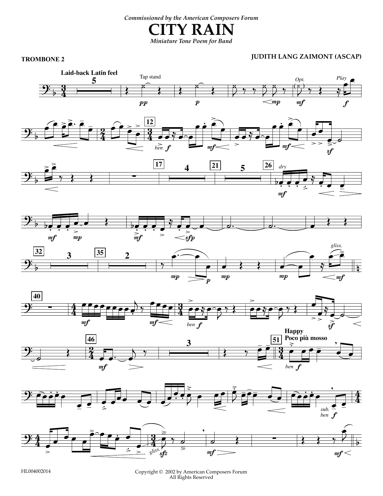 Judith Zaimont City Rain - Trombone 2 sheet music notes and chords arranged for Concert Band