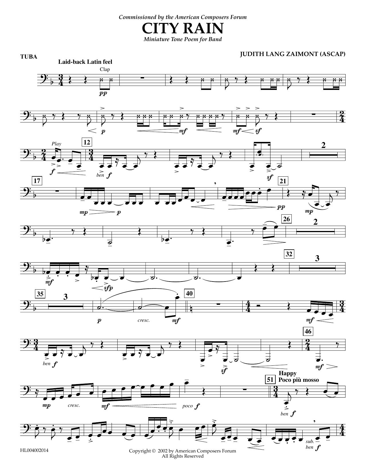 Judith Zaimont City Rain - Tuba sheet music notes and chords arranged for Concert Band