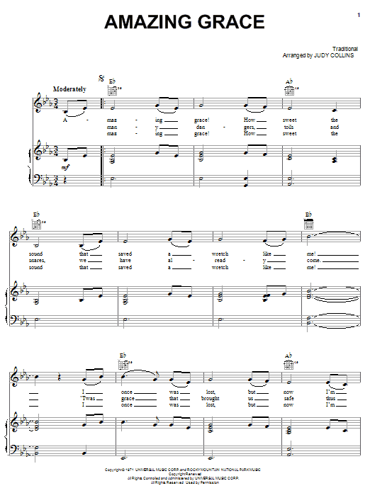 Judy Collins Amazing Grace sheet music notes and chords arranged for Piano, Vocal & Guitar Chords (Right-Hand Melody)