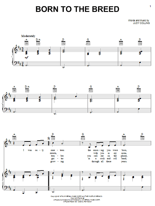 Judy Collins Born To The Breed sheet music notes and chords arranged for Piano, Vocal & Guitar Chords (Right-Hand Melody)