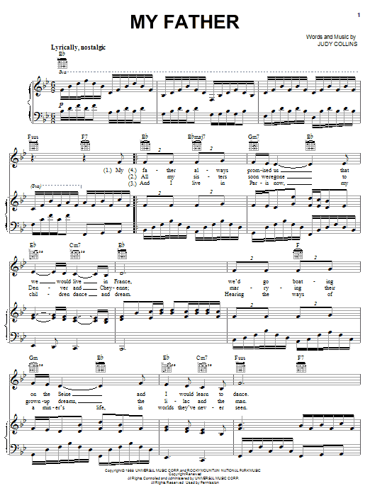 Judy Collins My Father sheet music notes and chords arranged for Piano, Vocal & Guitar Chords (Right-Hand Melody)