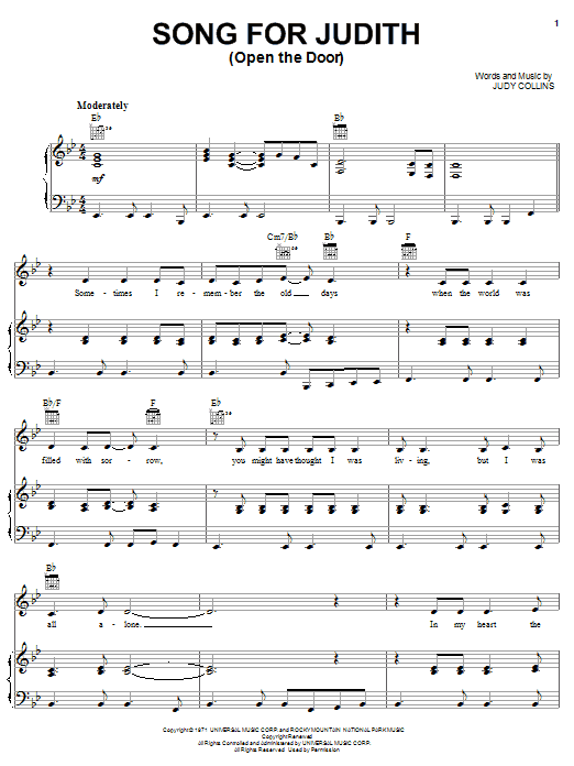 Judy Collins Song For Judith (Open The Door) sheet music notes and chords arranged for Piano, Vocal & Guitar Chords (Right-Hand Melody)