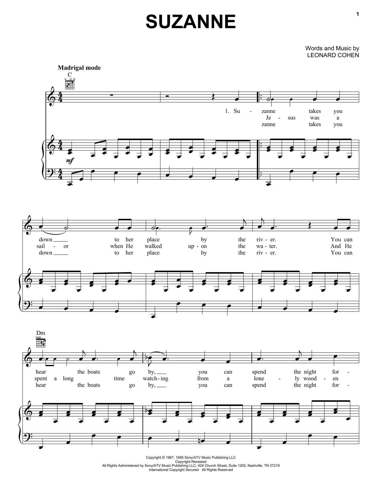 Judy Collins Suzanne sheet music notes and chords arranged for Piano, Vocal & Guitar Chords (Right-Hand Melody)