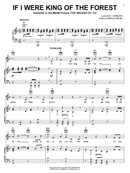 Judy Garland If I Were King Of The Forest sheet music notes and chords arranged for Piano, Vocal & Guitar Chords (Right-Hand Melody)