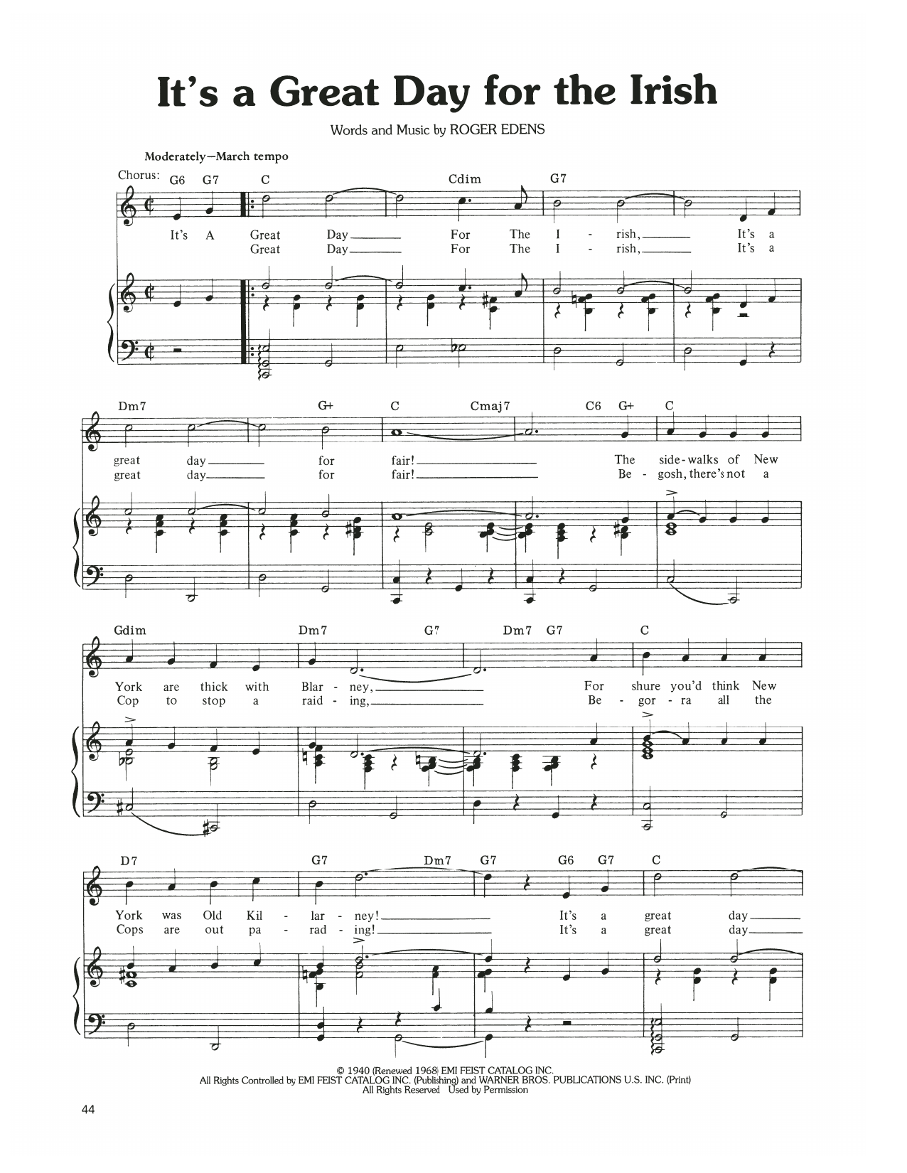 Judy Garland It's A Great Day For The Irish sheet music notes and chords arranged for Piano, Vocal & Guitar Chords (Right-Hand Melody)