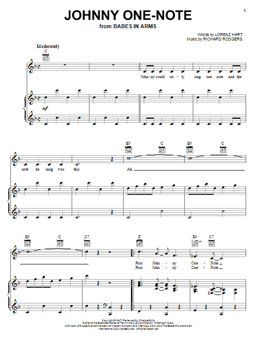 Judy Garland Johnny One Note sheet music notes and chords arranged for Piano, Vocal & Guitar Chords (Right-Hand Melody)