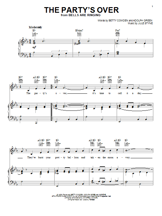 Judy Holliday The Party's Over sheet music notes and chords arranged for Piano, Vocal & Guitar Chords (Right-Hand Melody)