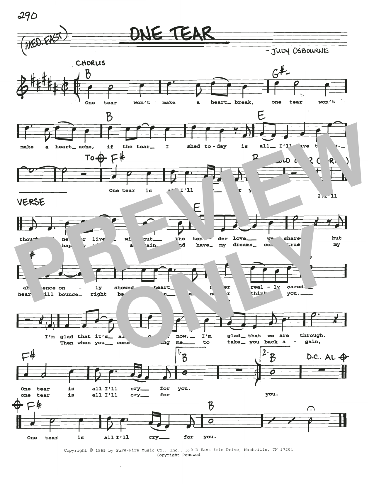 Judy Osborne One Tear sheet music notes and chords arranged for Real Book – Melody, Lyrics & Chords