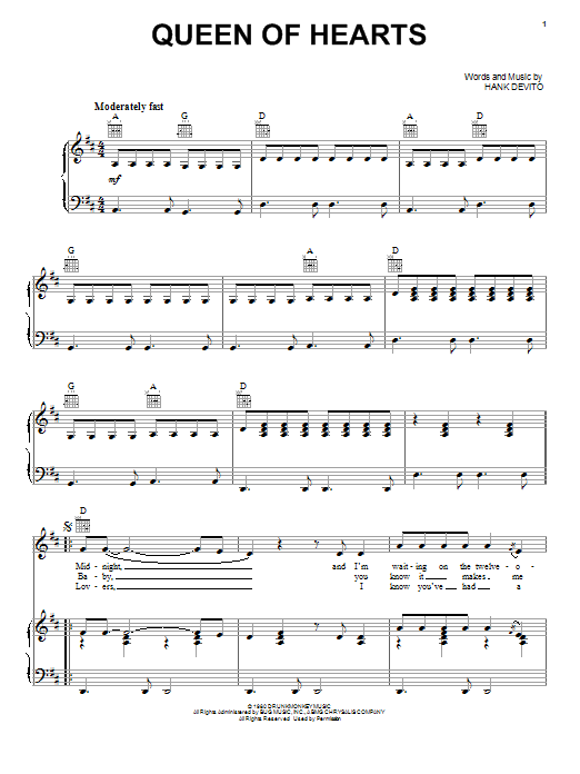 Juice Newton Queen Of Hearts sheet music notes and chords arranged for Piano, Vocal & Guitar Chords (Right-Hand Melody)