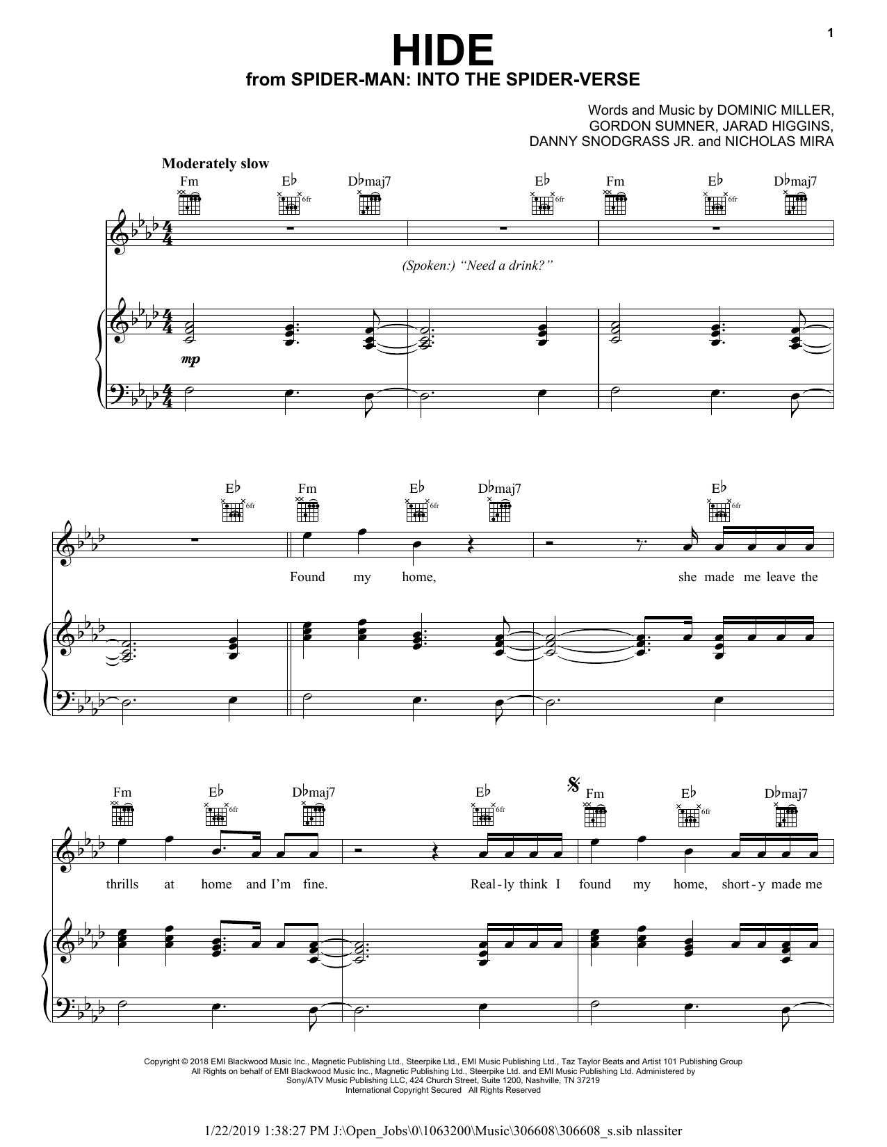 Juice Wrld Hide (feat. Seezyn) (from Spider-Man: Into the Spider-Verse) sheet music notes and chords arranged for Piano, Vocal & Guitar Chords (Right-Hand Melody)