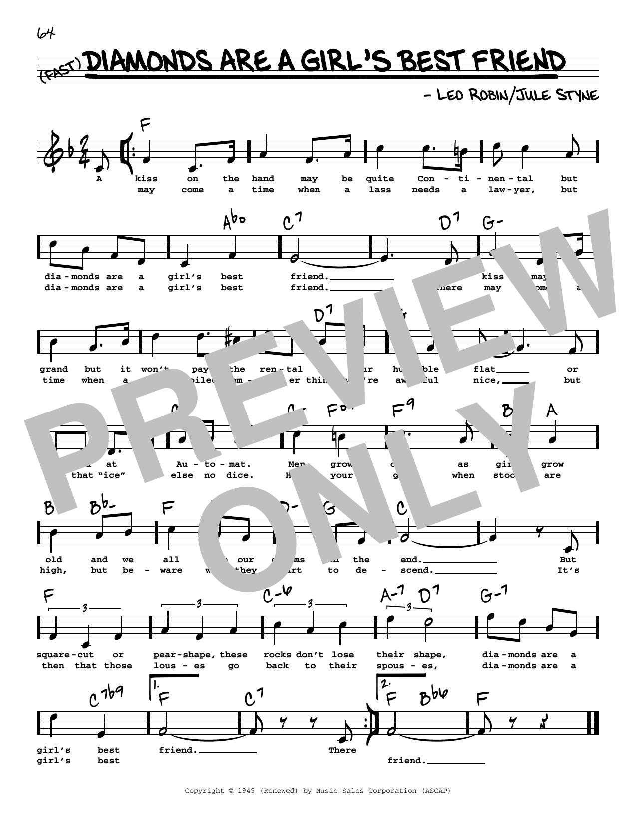 Jule Styne and Leo Robin Diamonds Are A Girl's Best Friend (High Voice) (from Gentlemen Prefer Blondes) sheet music notes and chords arranged for Real Book – Melody, Lyrics & Chords