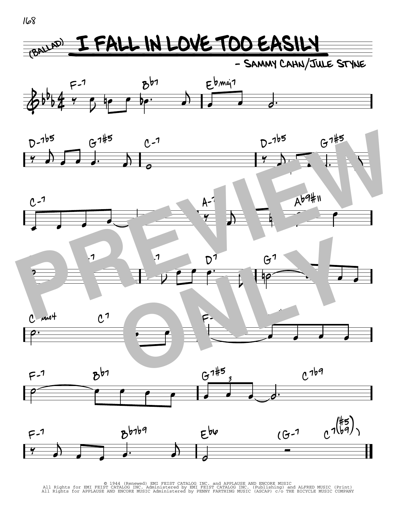 Jule Styne and Sammy Cahn I Fall In Love Too Easily sheet music notes and chords arranged for Real Book – Melody & Chords
