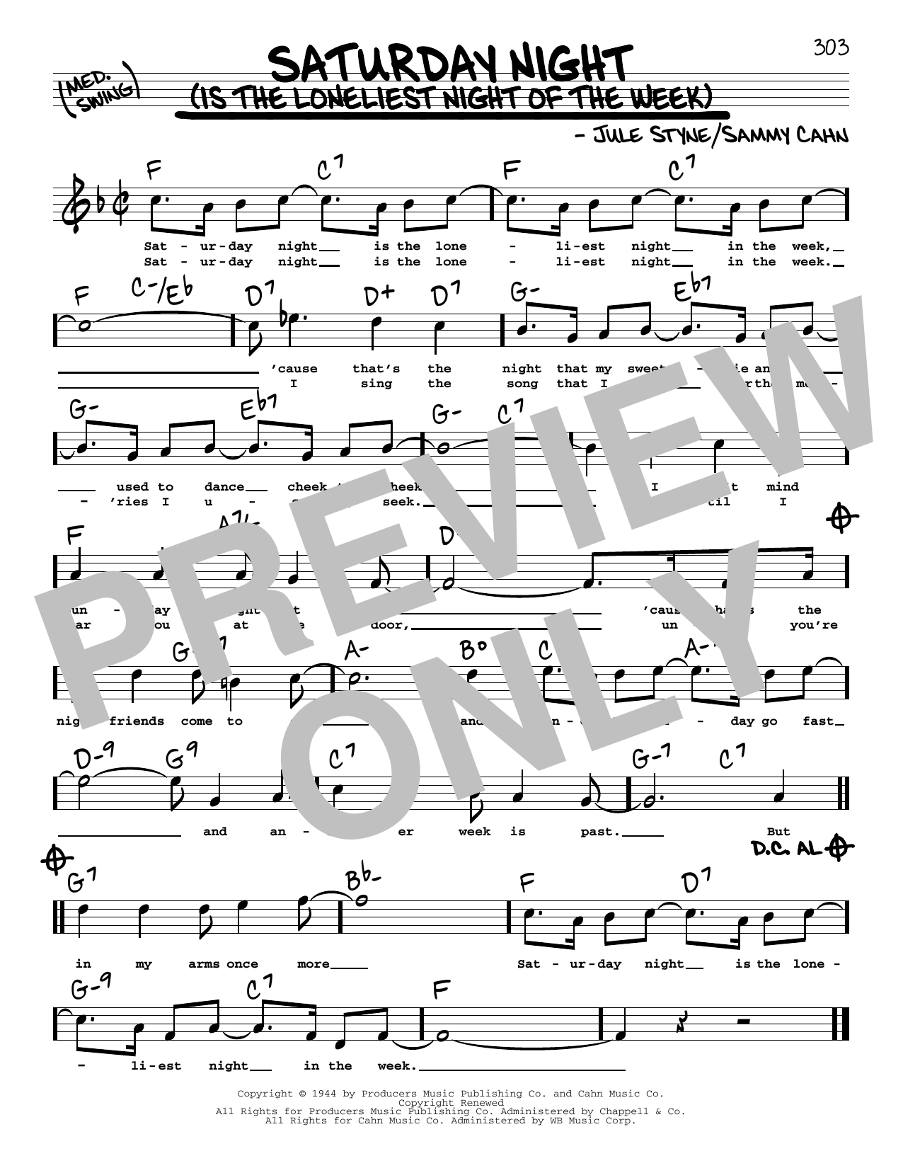 Jule Styne and Sammy Cahn Saturday Night (Is The Loneliest Night Of The Week) (High Voice) sheet music notes and chords arranged for Real Book – Melody, Lyrics & Chords