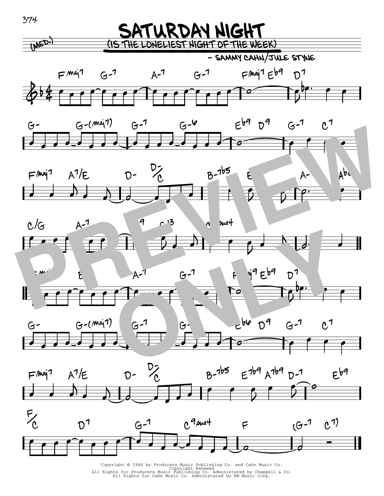 Jule Styne and Sammy Cahn Saturday Night (Is The Loneliest Night Of The Week) sheet music notes and chords arranged for Real Book – Melody & Chords