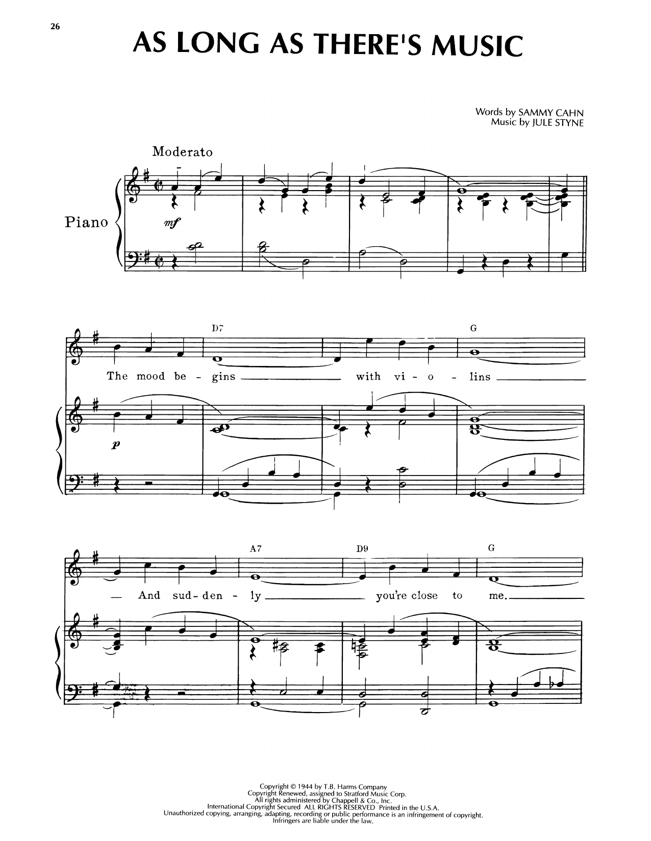 Jule Styne As Long As There's Music (from Step Lively) sheet music notes and chords arranged for Piano & Vocal