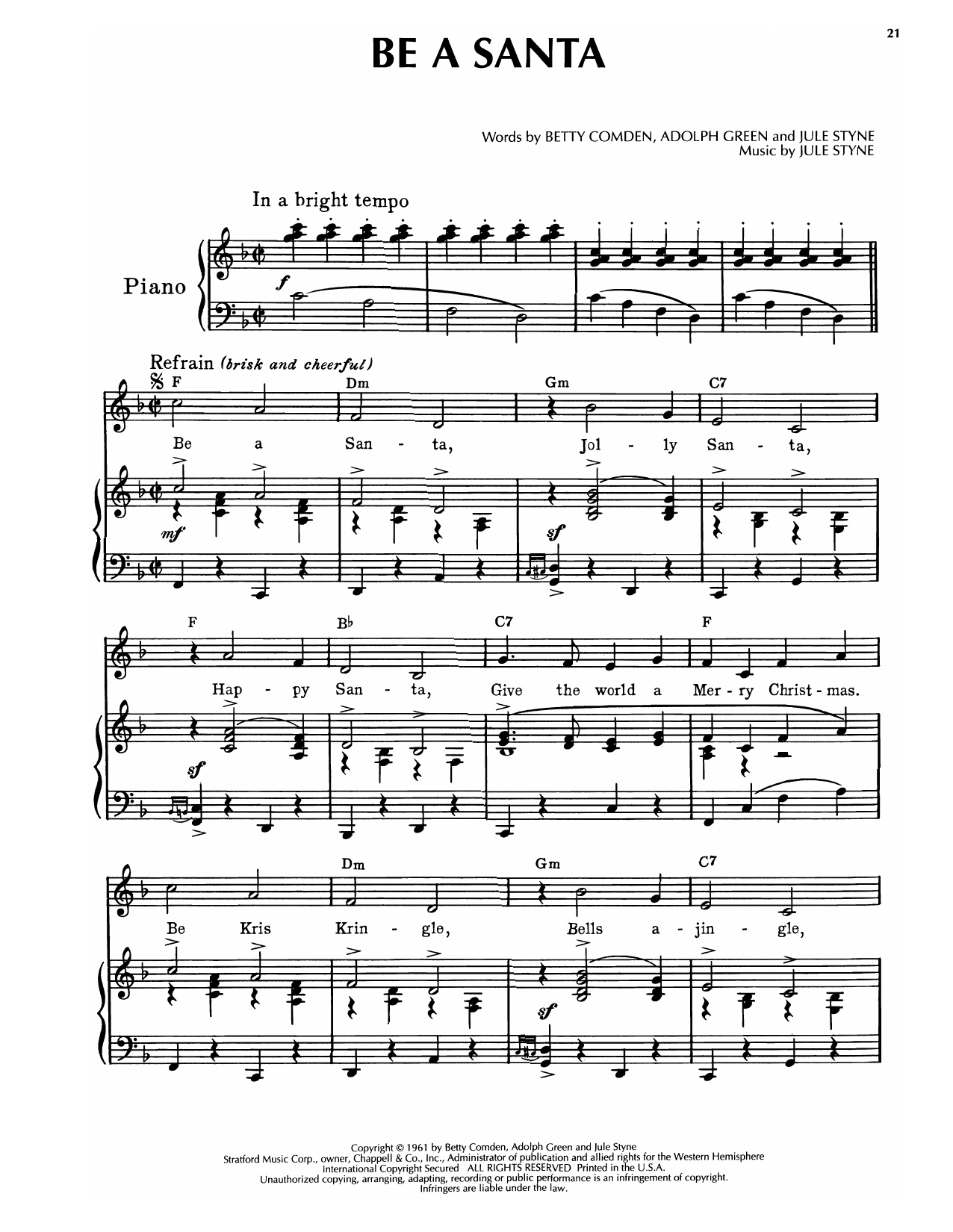 Jule Styne Be A Santa (from Subways Are For Sleeping) sheet music notes and chords arranged for Piano & Vocal