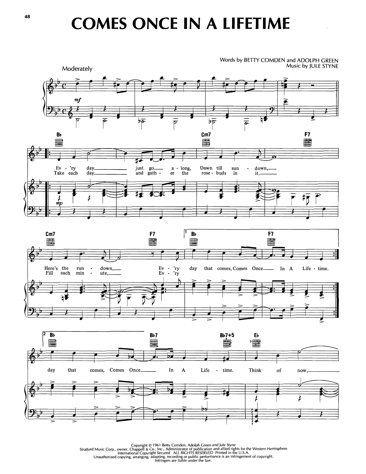 Jule Styne Comes Once In A Lifetime (from Subways Are For Sleeping) sheet music notes and chords arranged for Piano & Vocal