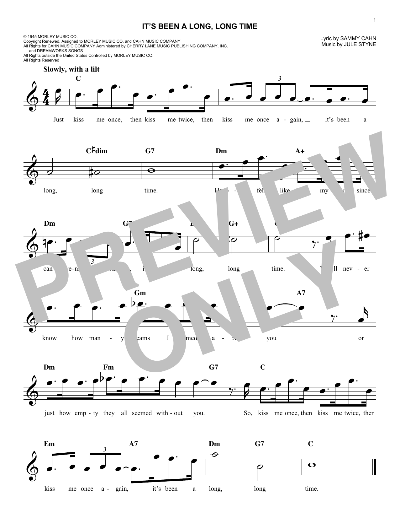 Jule Styne It's Been A Long, Long Time sheet music notes and chords arranged for Easy Piano