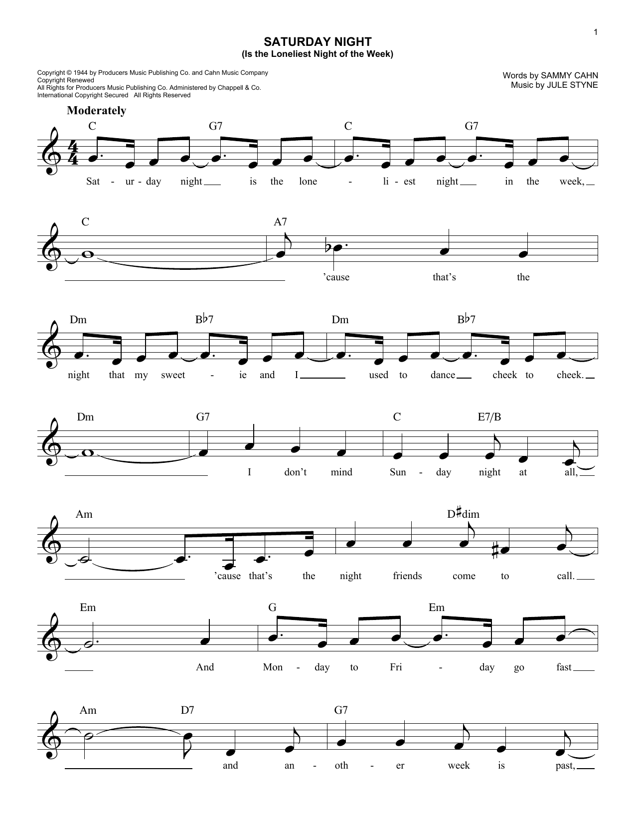 Jule Styne Saturday Night (Is The Loneliest Night Of The Week) sheet music notes and chords arranged for Lead Sheet / Fake Book