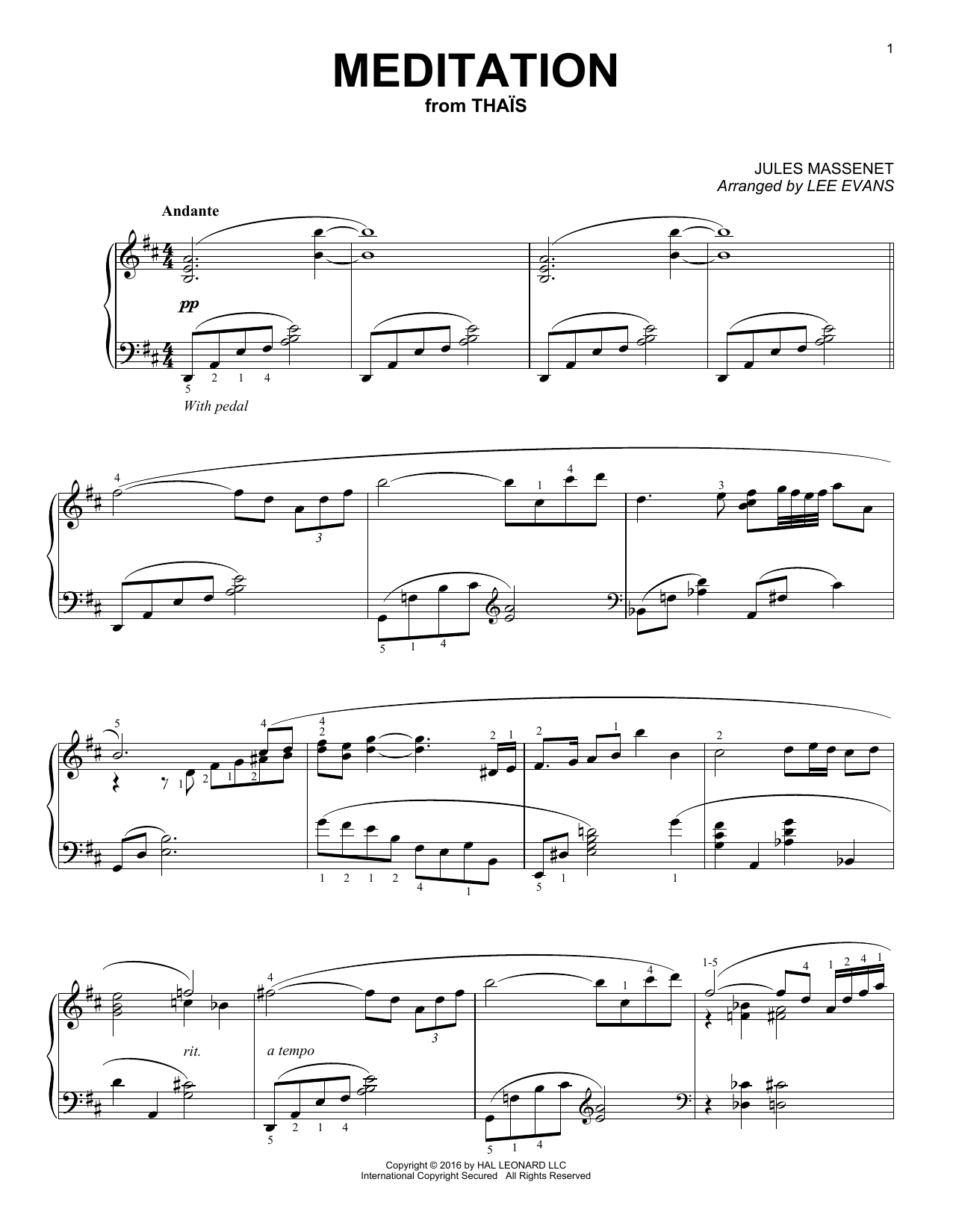 Jules Massenet Meditation (arr. Lee Evans) sheet music notes and chords arranged for Piano Solo