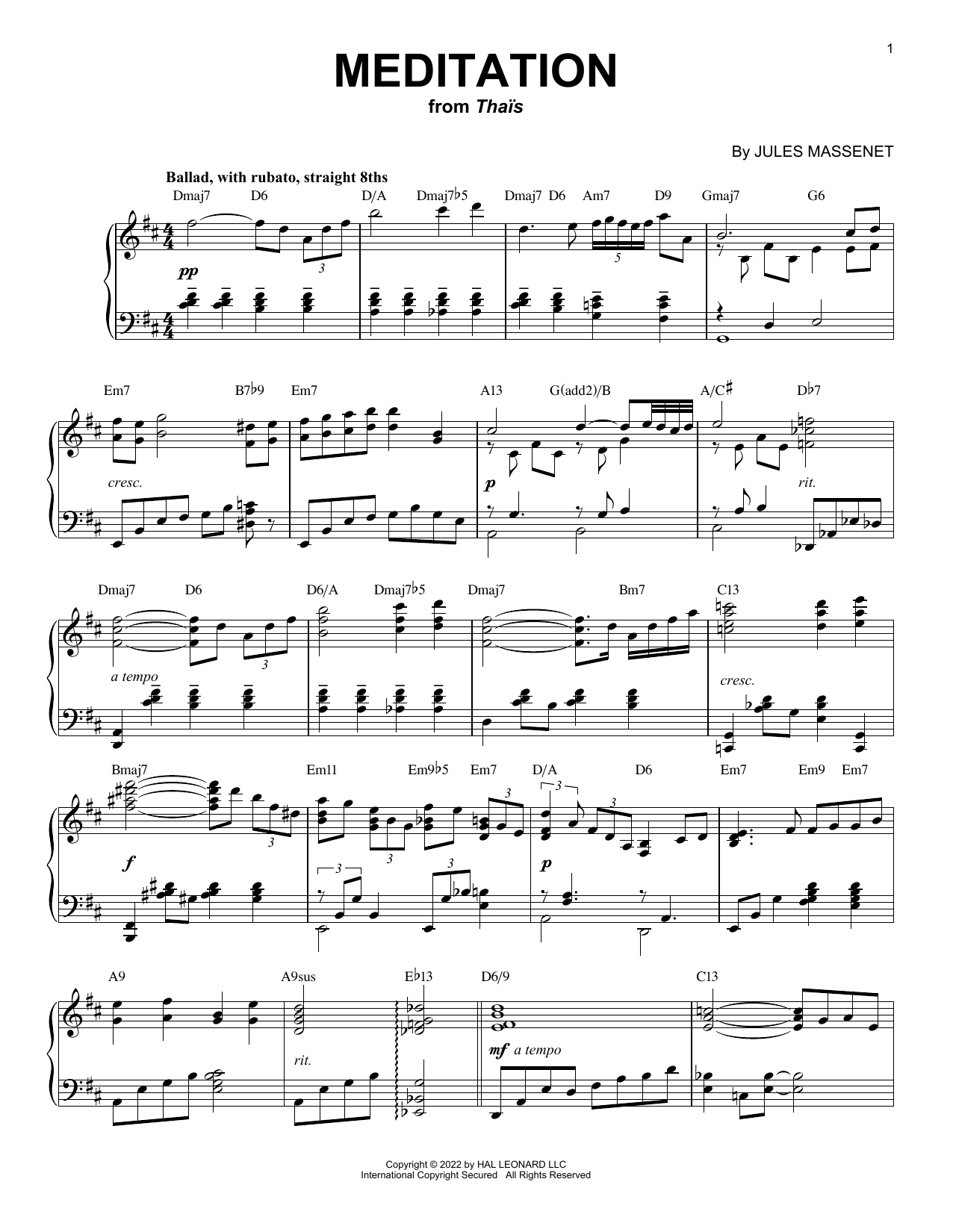 Jules Massenet Meditation [Jazz version] (arr. Brent Edstrom) sheet music notes and chords arranged for Piano Solo