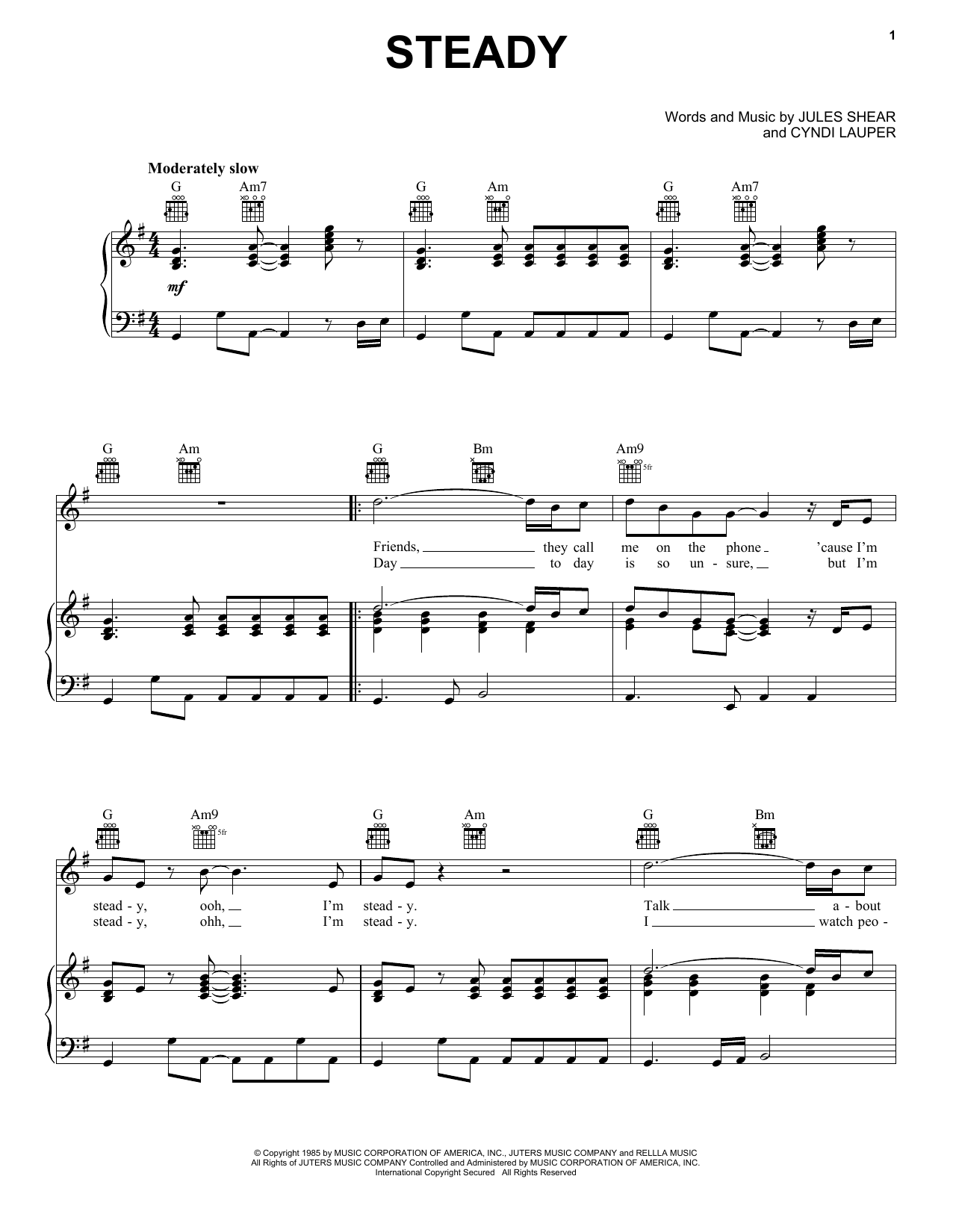 Jules Shear Steady sheet music notes and chords arranged for Piano, Vocal & Guitar Chords (Right-Hand Melody)