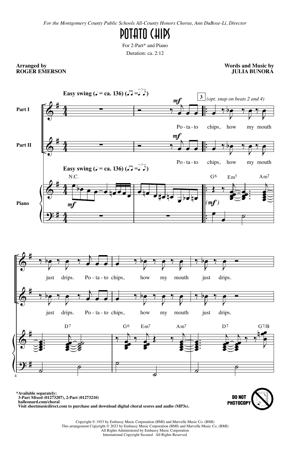 Julia Bunora Potato Chips (arr. Roger Emerson) sheet music notes and chords arranged for 2-Part Choir