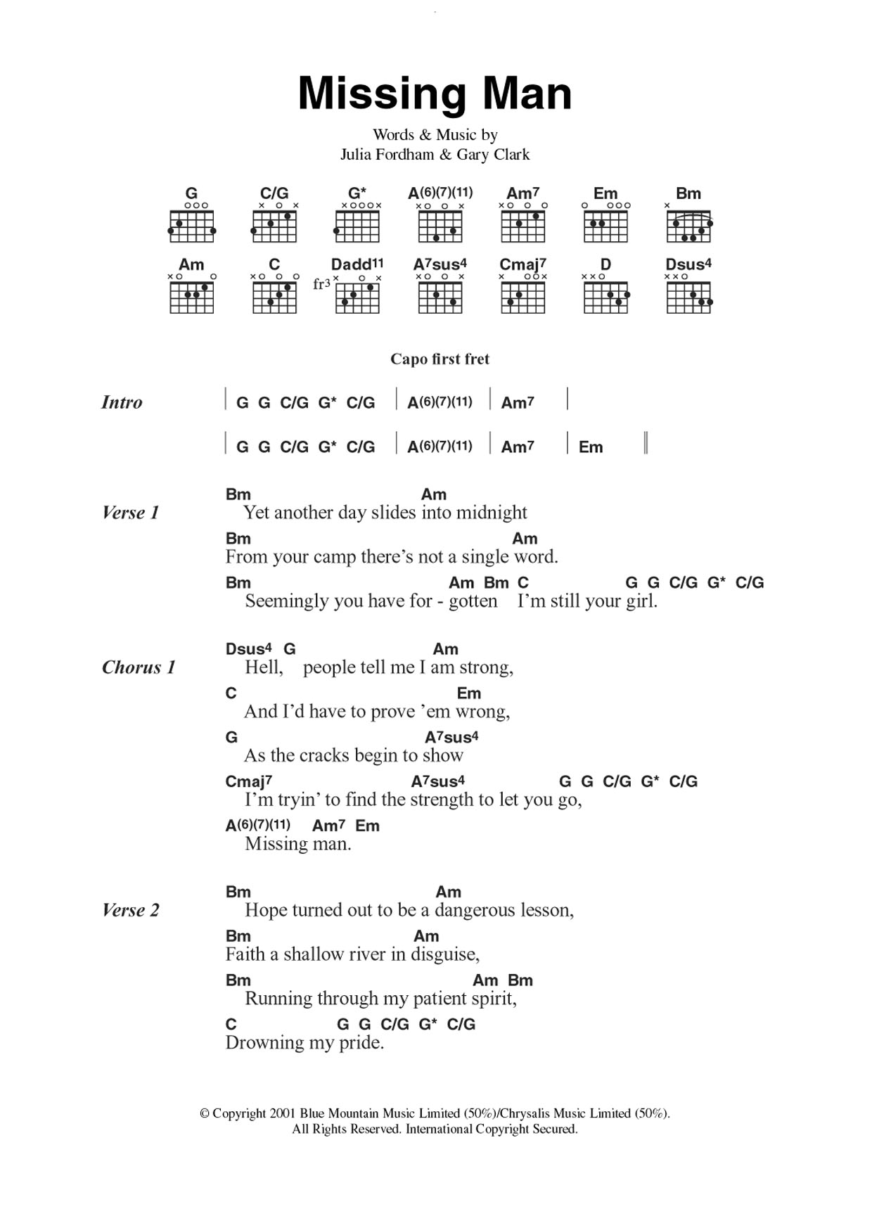 Julia Fordham Missing Man sheet music notes and chords arranged for Guitar Chords/Lyrics
