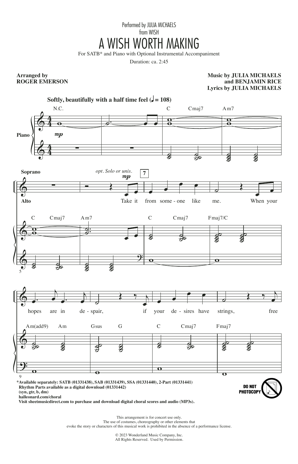 Julia Michaels A Wish Worth Making (from Wish) (arr. Roger Emerson) sheet music notes and chords arranged for SATB Choir