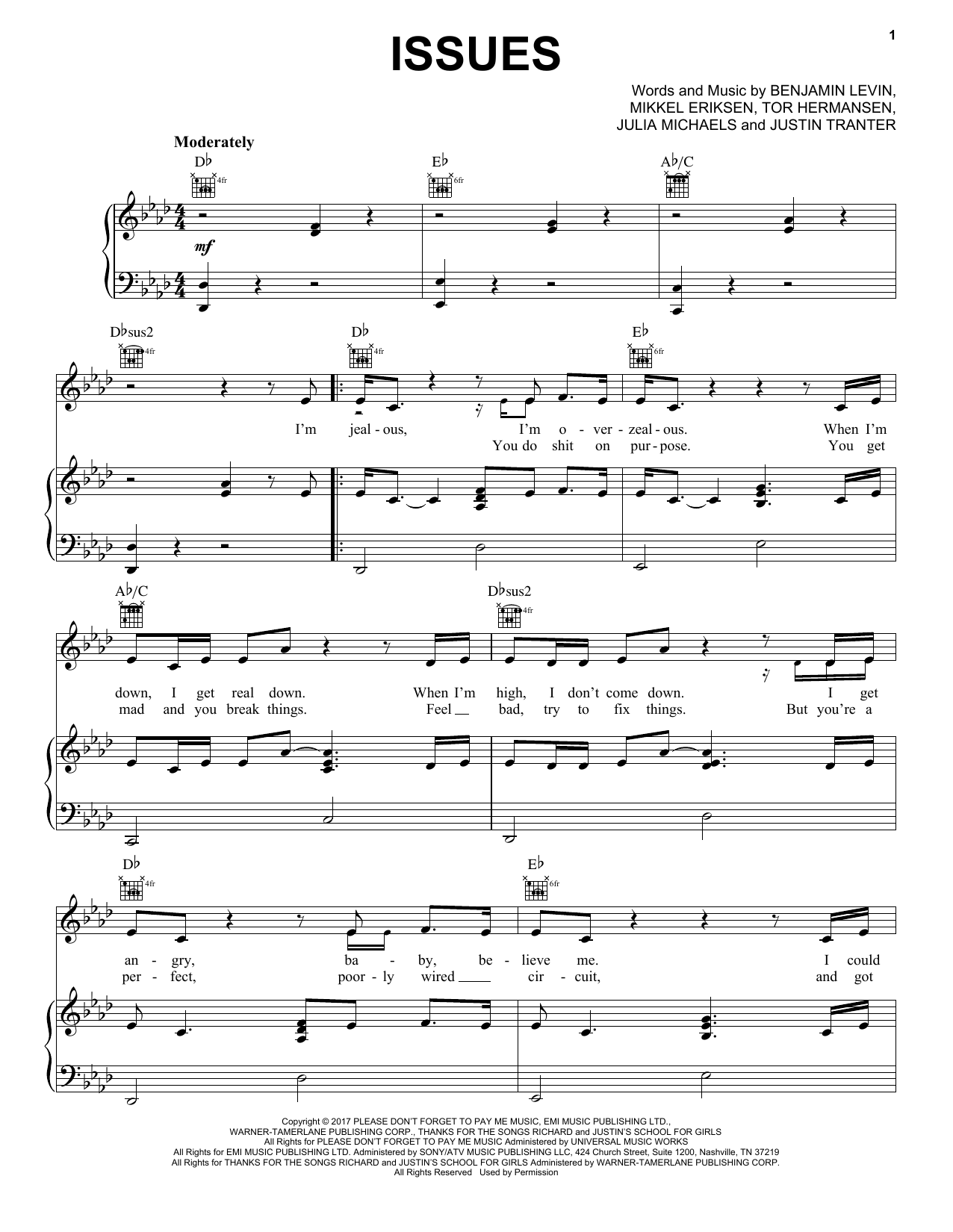 Julia Michaels Issues sheet music notes and chords arranged for Piano, Vocal & Guitar Chords (Right-Hand Melody)