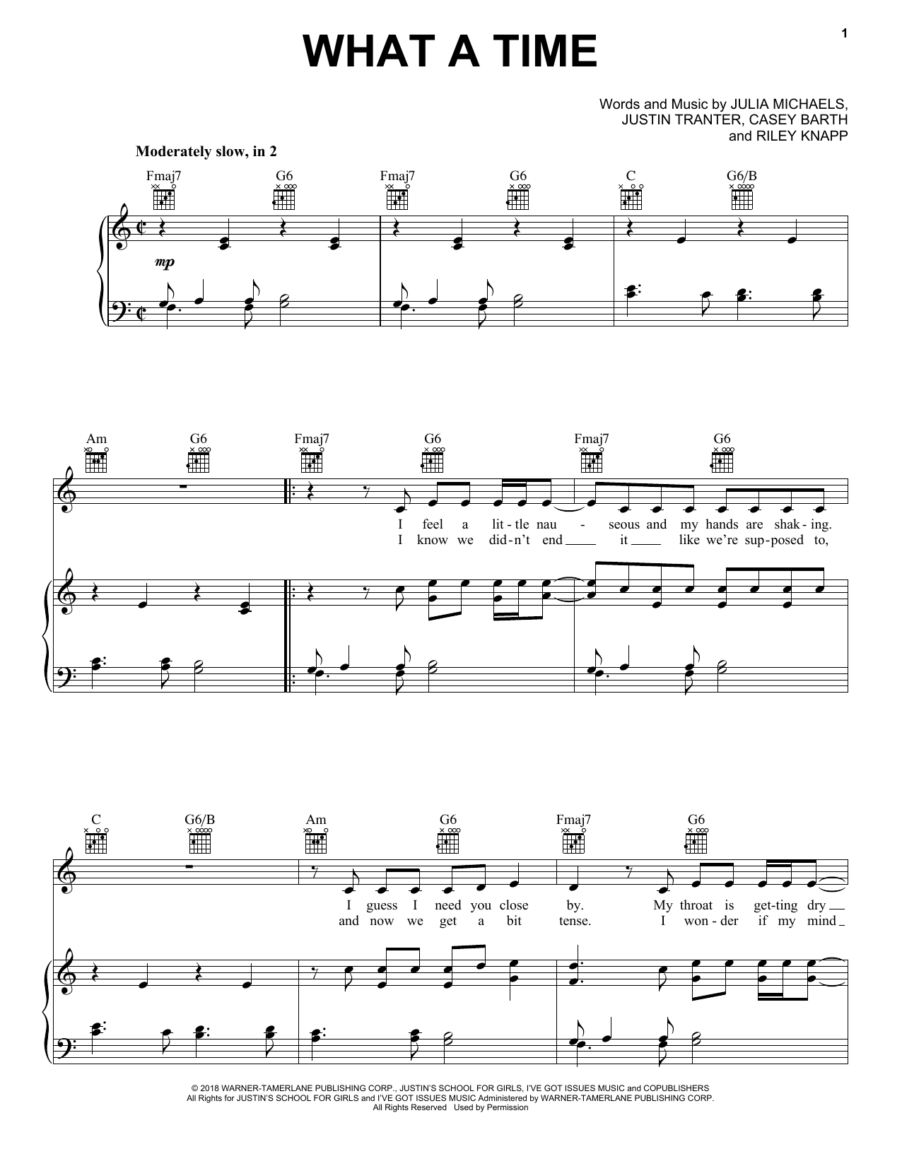 Julia Michaels What A Time (feat. Niall Horan) sheet music notes and chords arranged for Piano, Vocal & Guitar Chords (Right-Hand Melody)