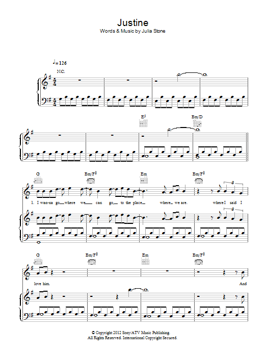 Julia Stone Justine sheet music notes and chords arranged for Piano, Vocal & Guitar Chords