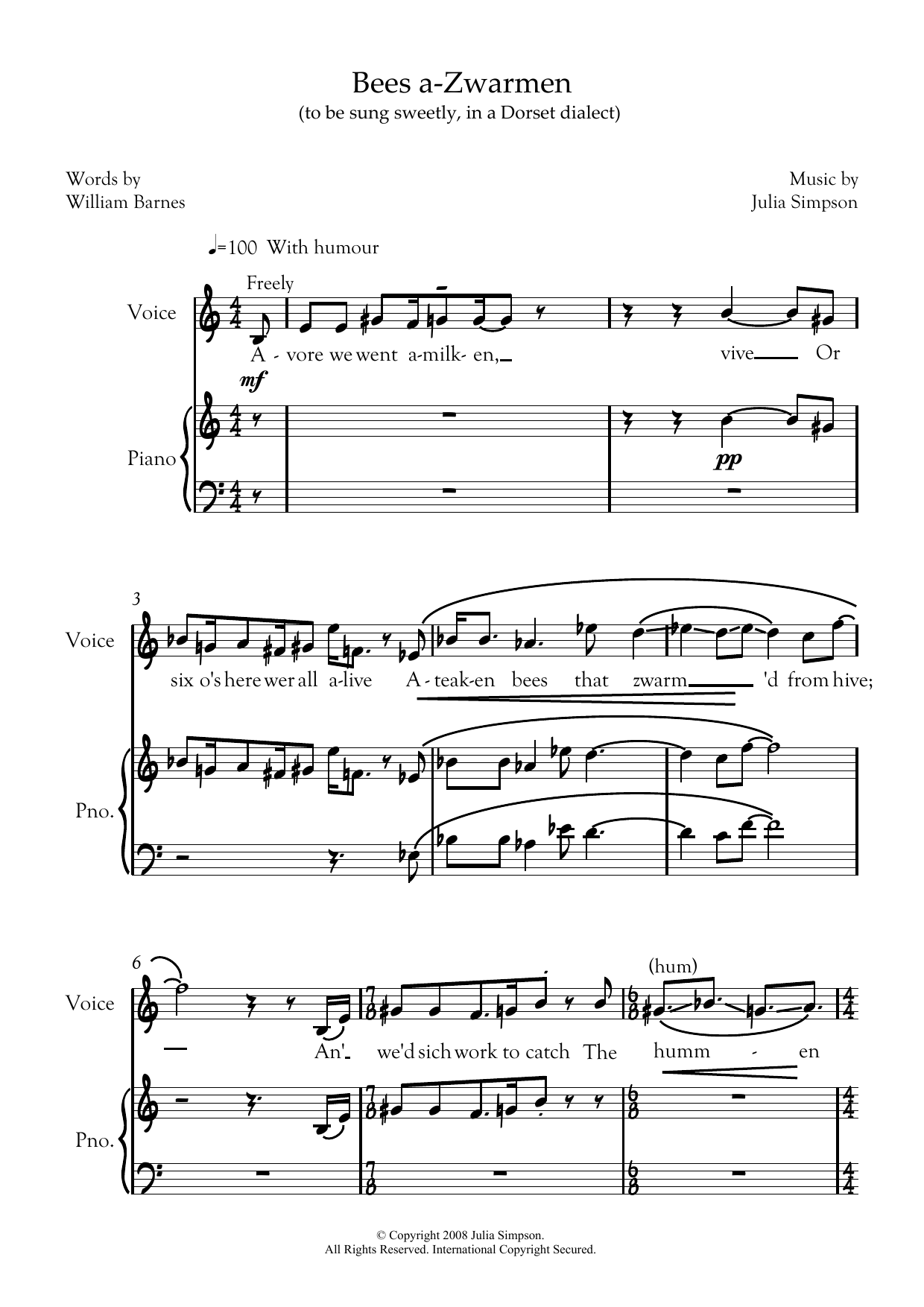 Julia Simpson Bees a-zwarmen (for mezzo-soprano and piano) sheet music notes and chords arranged for Piano & Vocal