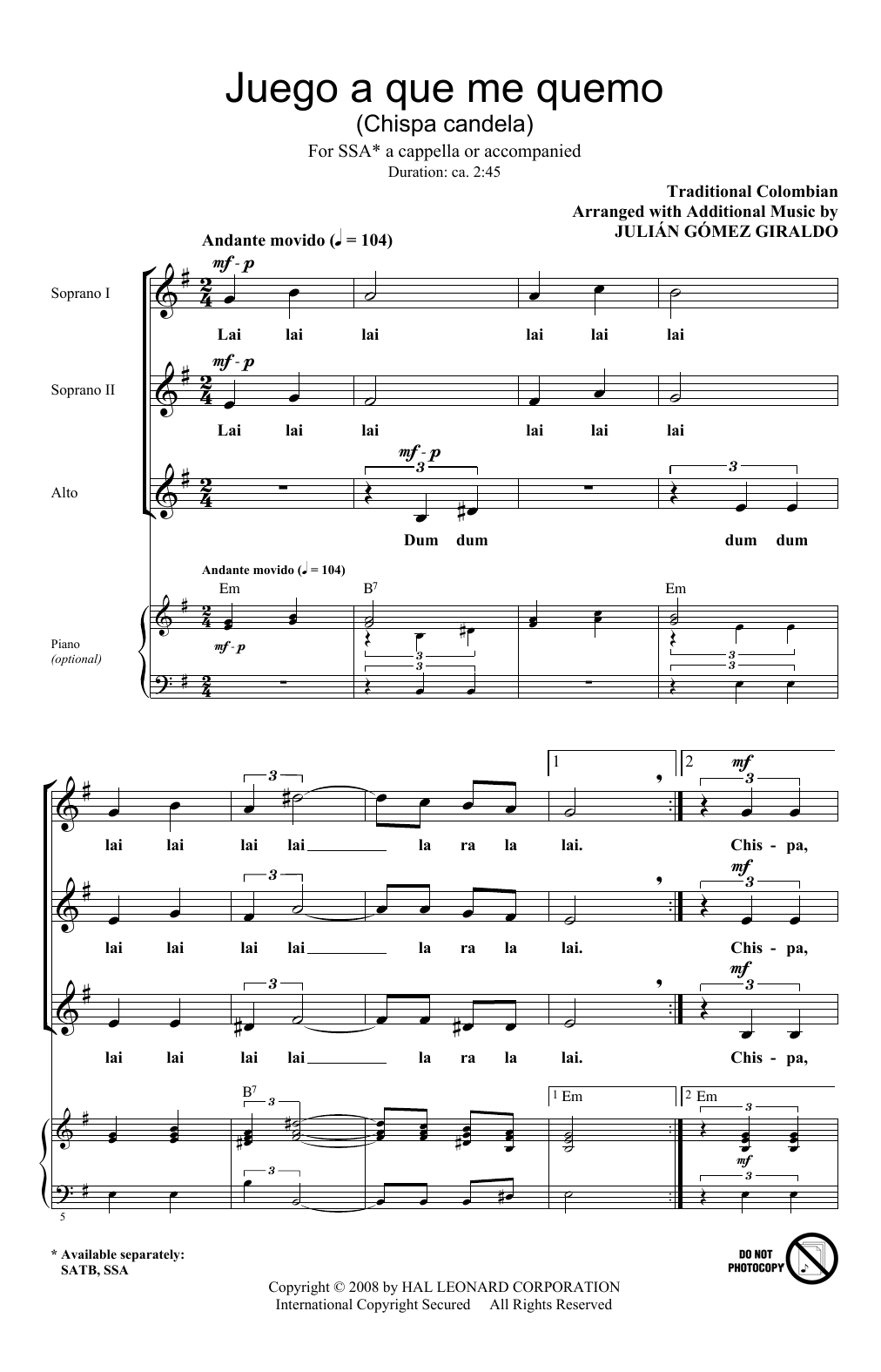 Julian Gomez Giraldo Juego A Que Me Quemo (Chispa Candela) sheet music notes and chords arranged for SATB Choir