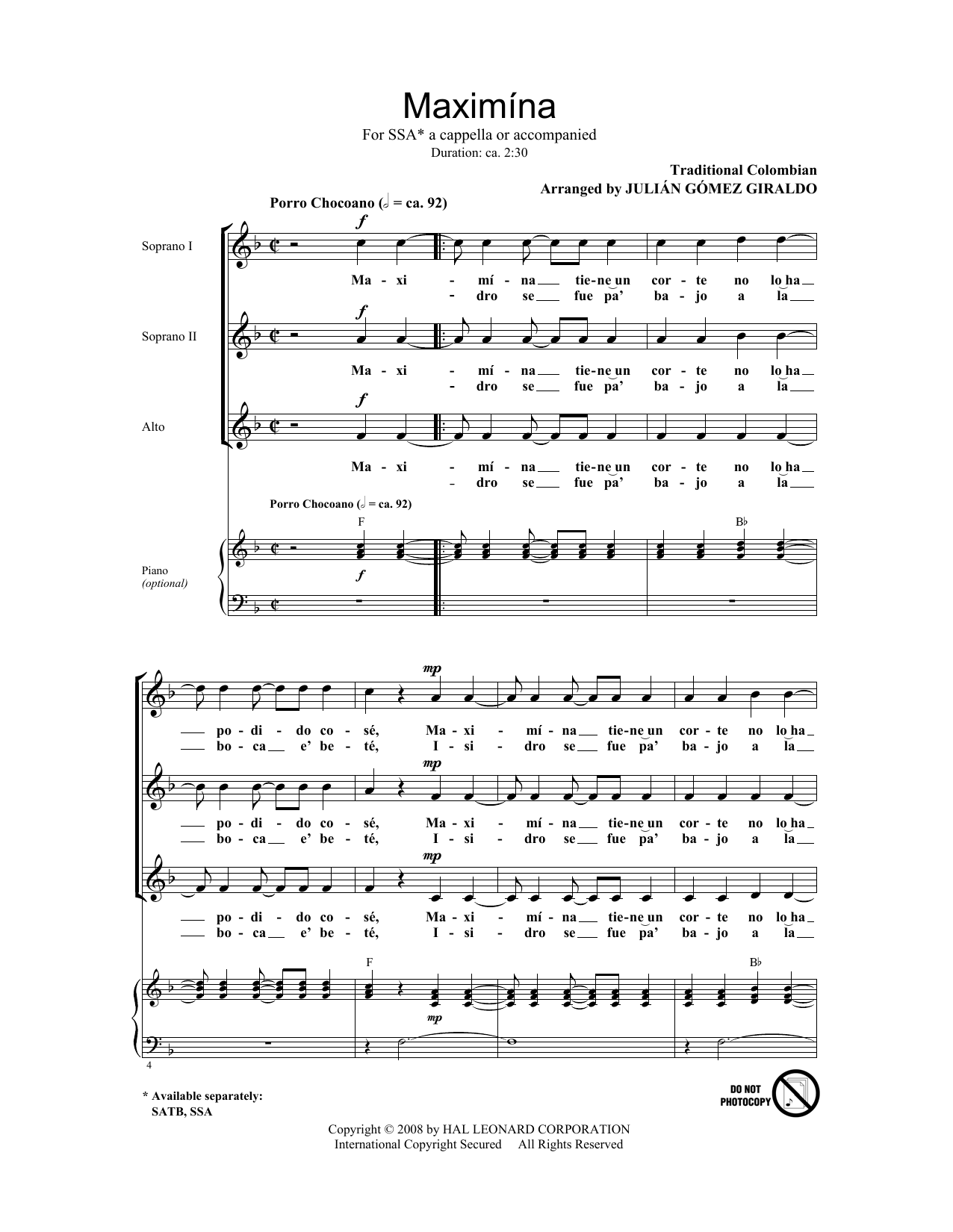 Julian Gomez Giraldo Maximina sheet music notes and chords arranged for SSA Choir