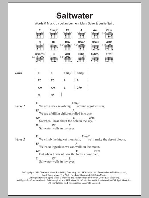 Julian Lennon Saltwater sheet music notes and chords arranged for Guitar Chords/Lyrics