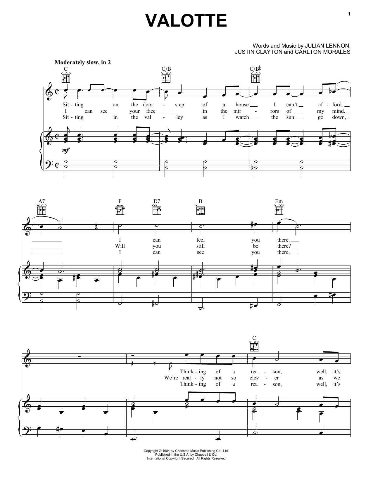 Julian Lennon Valotte sheet music notes and chords arranged for Piano, Vocal & Guitar Chords (Right-Hand Melody)