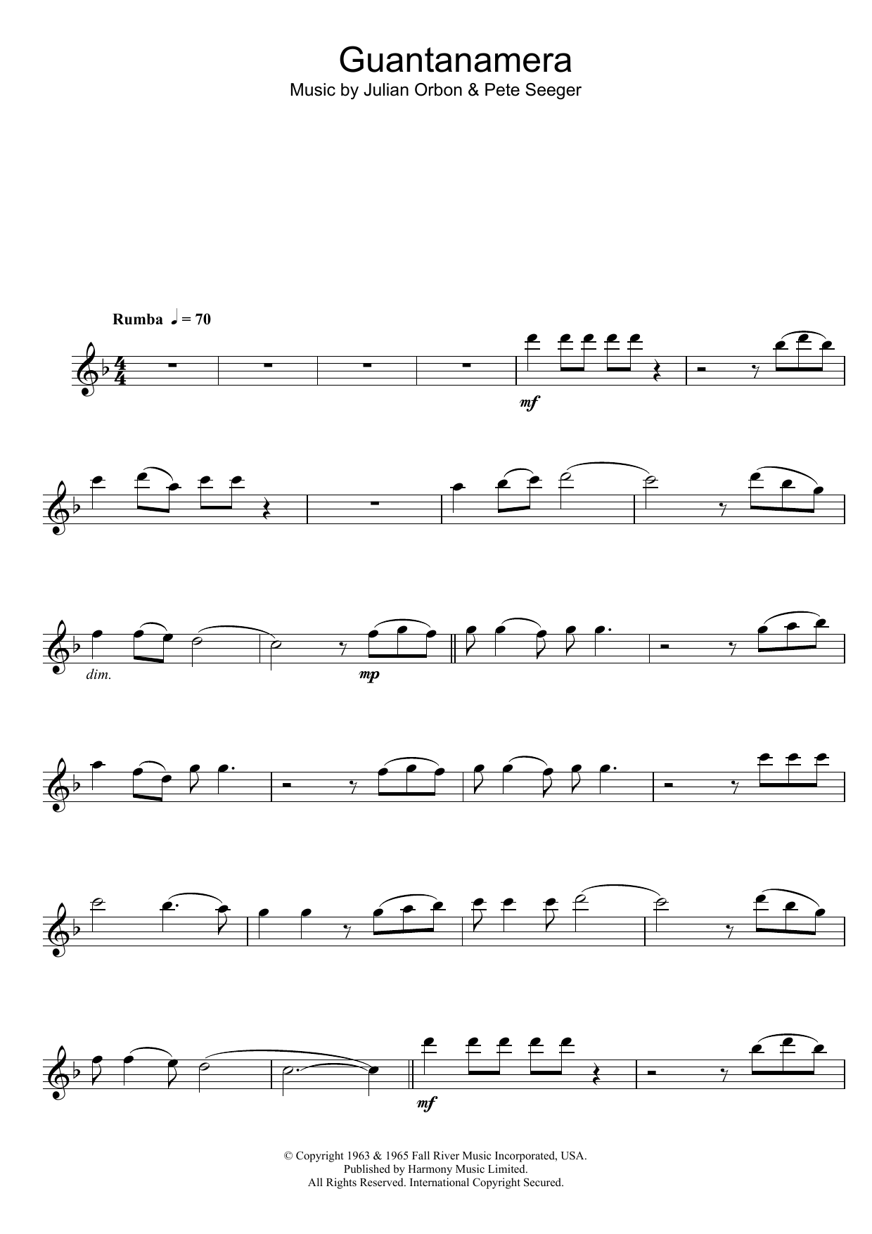 Julian Orbon Guantanamera sheet music notes and chords arranged for Flute Solo