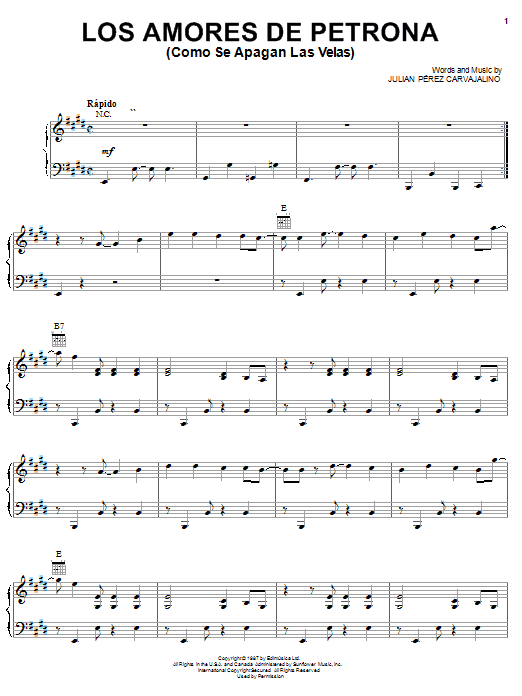 Julian Perez Carvajalino Los Amores De Petrona (Como Se Apagan Las Velas) sheet music notes and chords arranged for Piano, Vocal & Guitar Chords (Right-Hand Melody)
