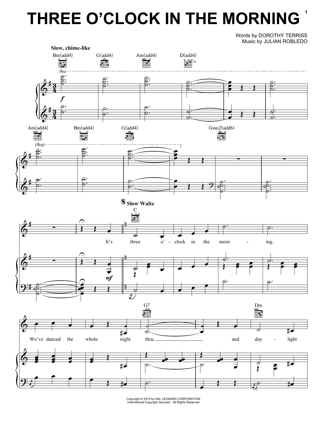 Julian Robledo Three O'Clock In The Morning sheet music notes and chords arranged for Piano, Vocal & Guitar Chords (Right-Hand Melody)