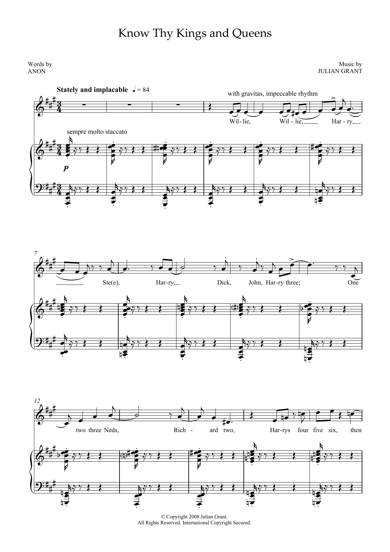 Julian Grant Know Thy Kings and Queens (for mezzo-soprano and piano) sheet music notes and chords arranged for Piano & Vocal