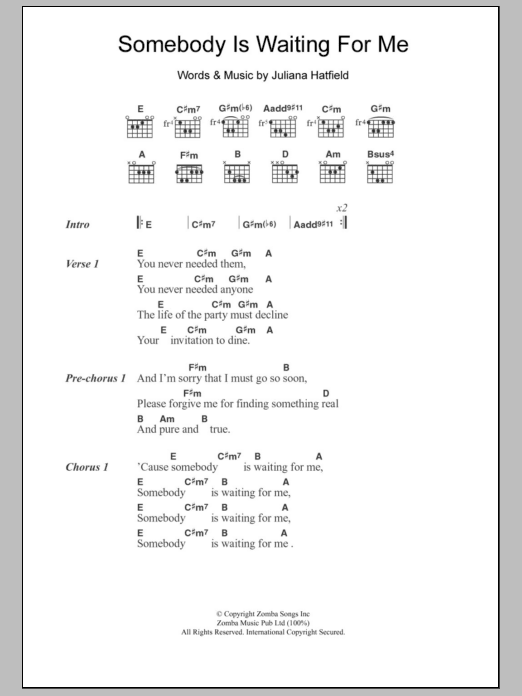 Juliana Hatfield Somebody Is Waiting For Me sheet music notes and chords arranged for Guitar Chords/Lyrics