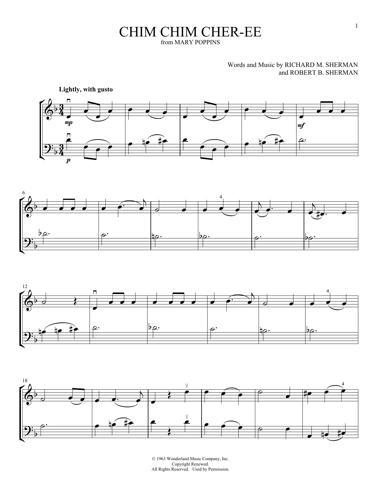 Julie Andrews And Dick Van Dyke Chim Chim Cher-ee (from Mary Poppins) (arr. Michelle Hynson) sheet music notes and chords arranged for Instrumental Duet