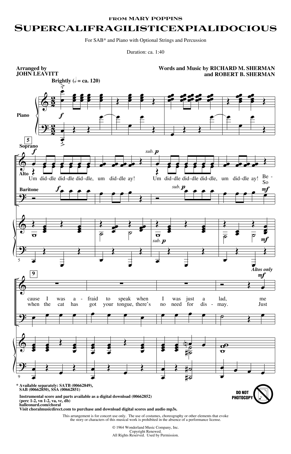Julie Andrews Supercalifragilisticexpialidocious (from Mary Poppins) (arr. John Leavitt) sheet music notes and chords arranged for SSA Choir