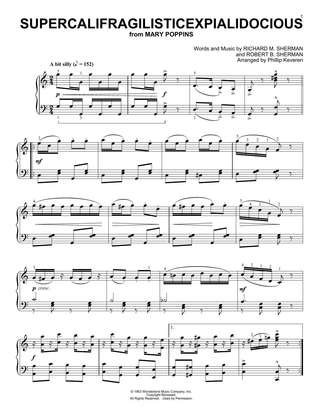 Julie Andrews Supercalifragilisticexpialidocious [Ragtime version] (from Mary Poppins) (arr. Phillip Keveren) sheet music notes and chords arranged for Piano Solo