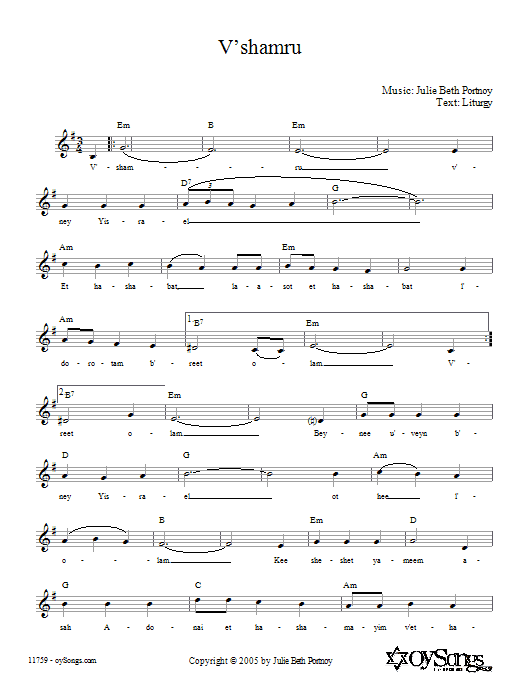 Julie Beth Portnoy V'shamru sheet music notes and chords arranged for Lead Sheet / Fake Book