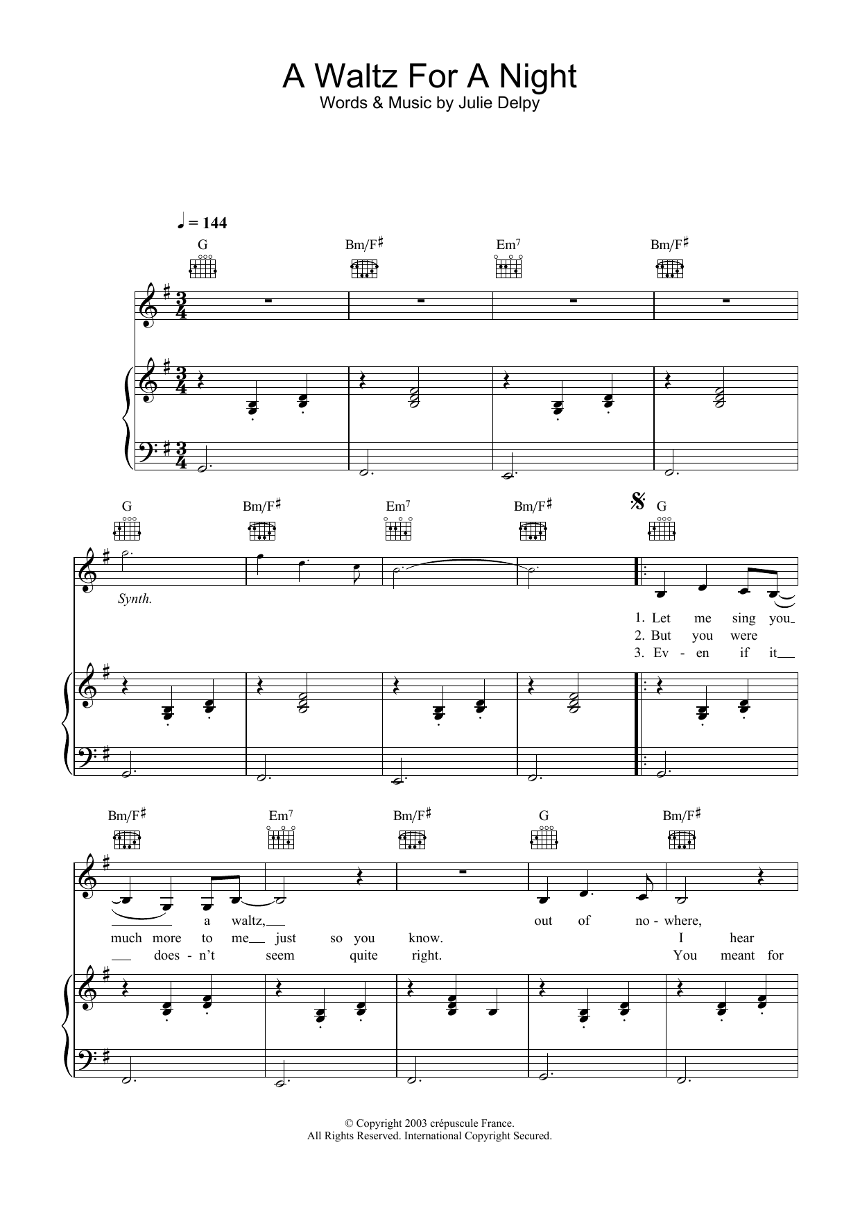 Julie Delpy A Waltz For A Night sheet music notes and chords arranged for Piano, Vocal & Guitar Chords