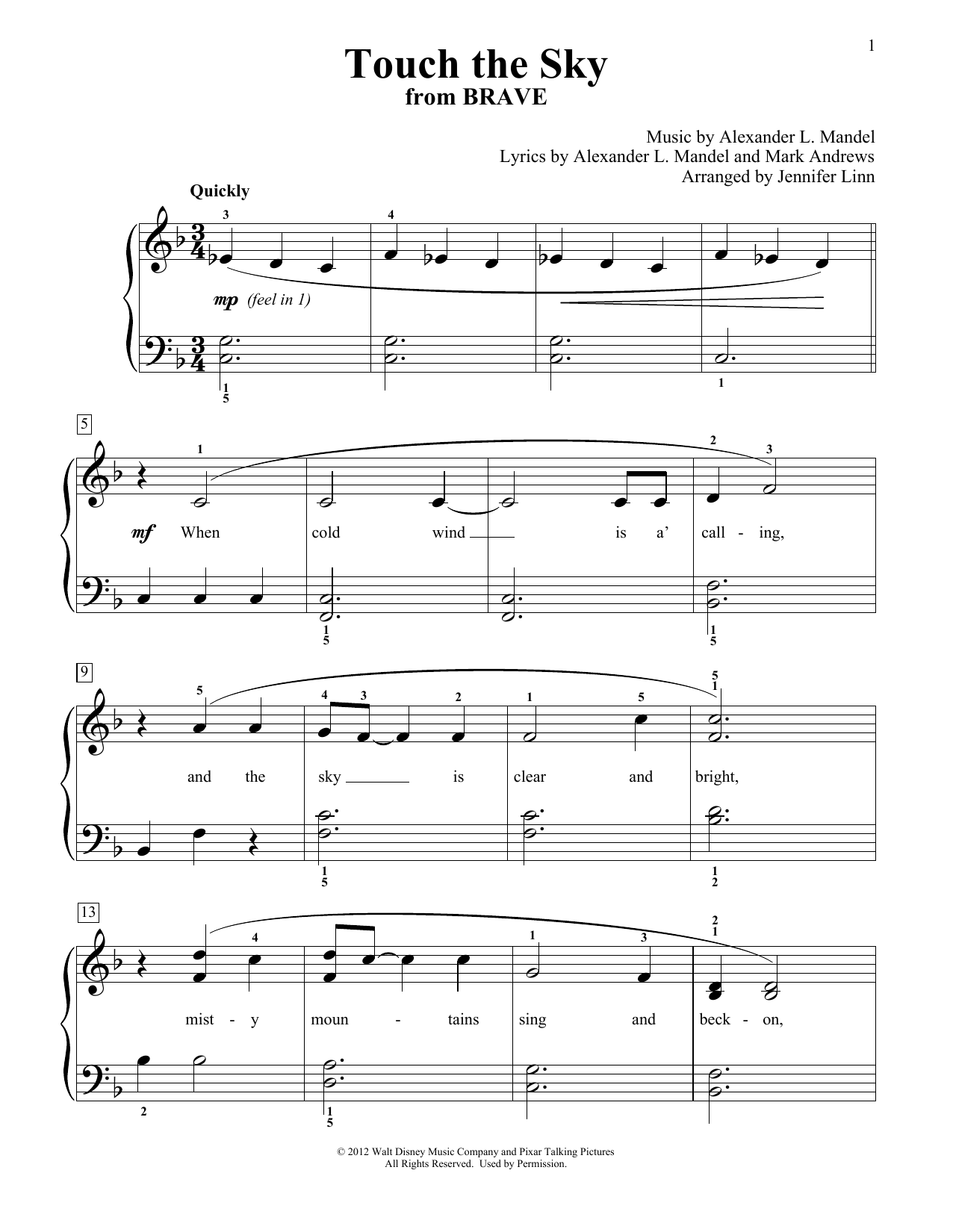 Julie Fowlis Touch The Sky (from Brave) (arr. Jennifer Linn) sheet music notes and chords arranged for Educational Piano